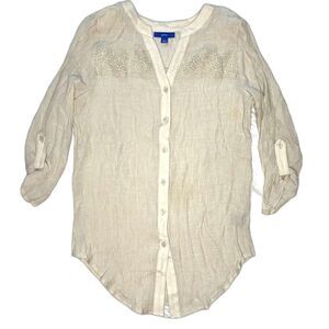APT 9 Shirt Sheer Lace Crinkle Button Front V-Neck 3/4 Sleeves Womens L Cream